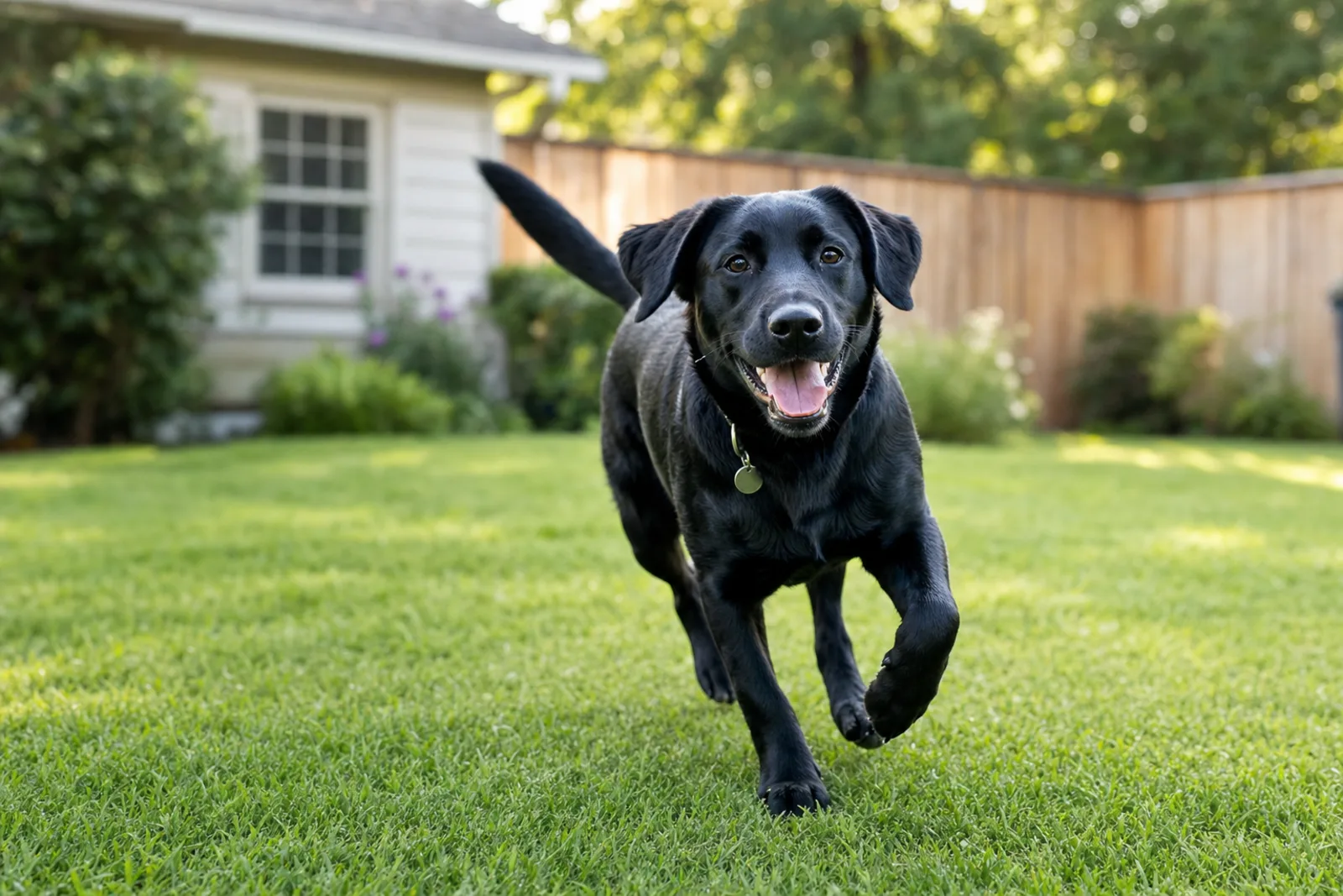 A happy black Labrador running on a clean lawn
