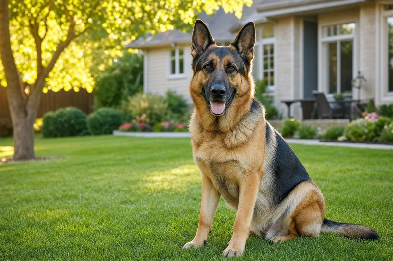 A happy German Shepherd in a clean suburban yard